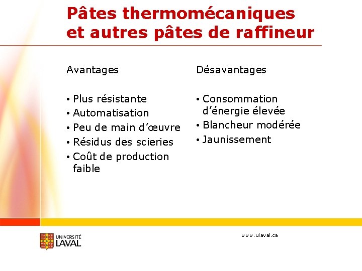 Pâtes thermomécaniques et autres pâtes de raffineur Avantages Désavantages • Plus résistante • Automatisation