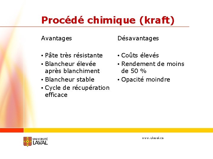 Procédé chimique (kraft) Avantages Désavantages • Pâte très résistante • Coûts élevés • Blancheur