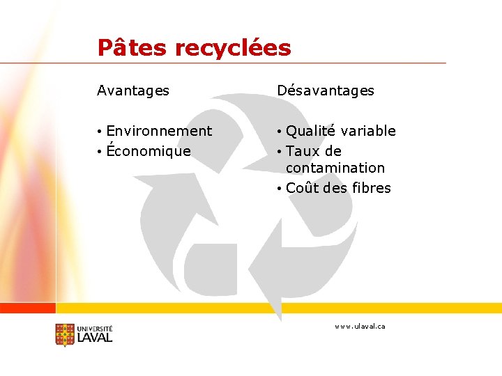 Pâtes recyclées Avantages Désavantages • Environnement • Économique • Qualité variable • Taux de