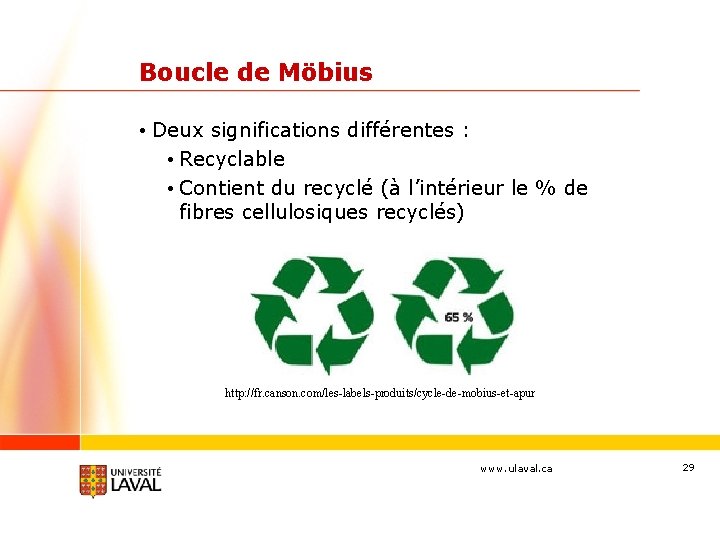 Boucle de Möbius • Deux significations différentes : • Recyclable • Contient du recyclé