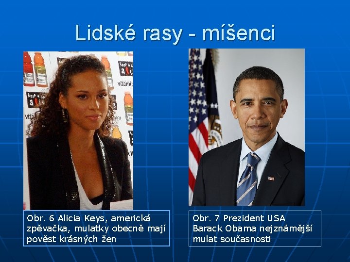 Lidské rasy - míšenci Obr. 6 Alicia Keys, americká zpěvačka, mulatky obecně mají pověst