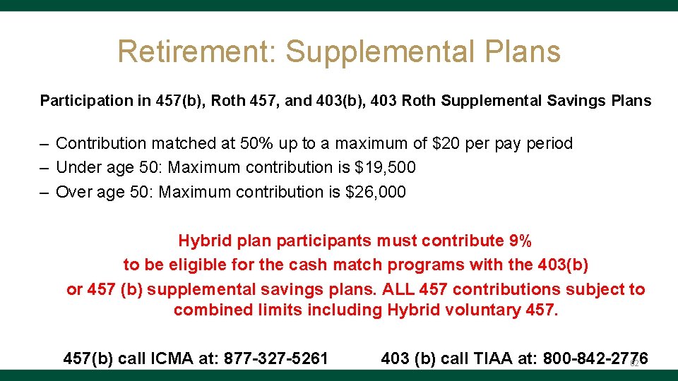Retirement: Supplemental Plans Participation in 457(b), Roth 457, and 403(b), 403 Roth Supplemental Savings