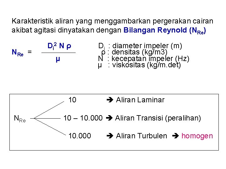 Karakteristik aliran yang menggambarkan pergerakan cairan akibat agitasi dinyatakan dengan Bilangan Reynold (NRe) NRe