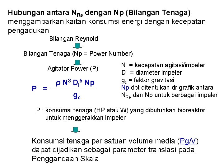 Hubungan antara NRe dengan Np (Bilangan Tenaga) menggambarkan kaitan konsumsi energi dengan kecepatan pengadukan
