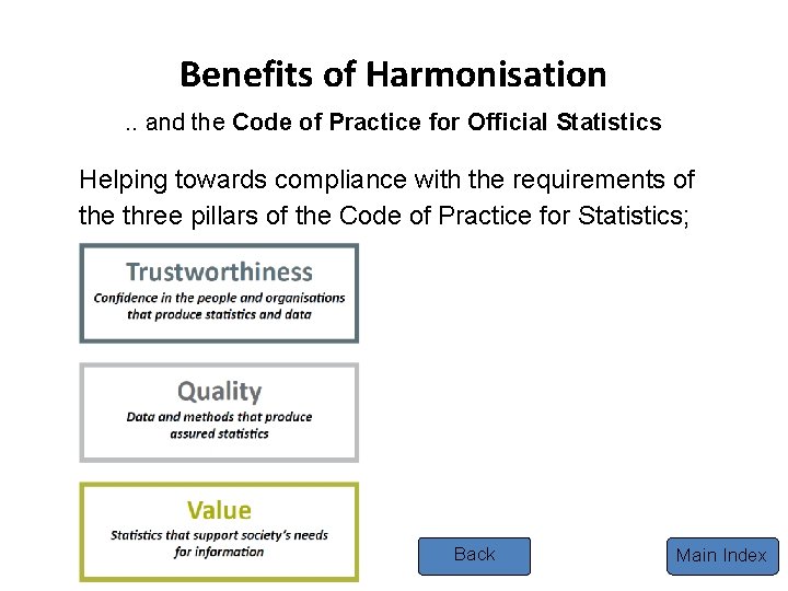 Benefits of Harmonisation. . and the Code of Practice for Official Statistics Helping towards