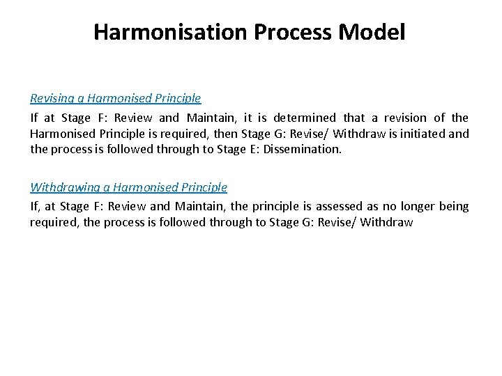 Harmonisation Process Model Revising a Harmonised Principle If at Stage F: Review and Maintain,