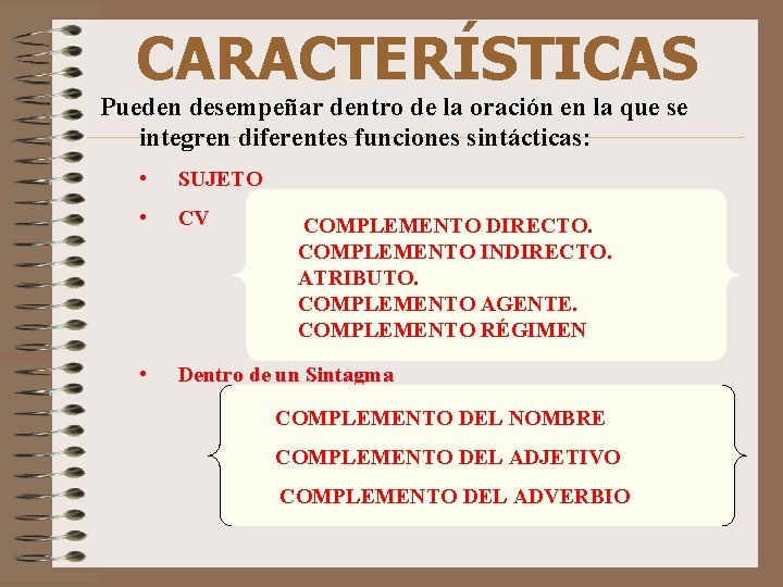 CARACTERÍSTICAS Pueden desempeñar dentro de la oración en la que se integren diferentes funciones