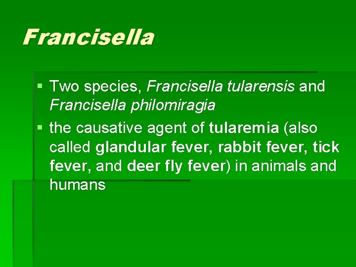 Francisella § Two species, Francisella tularensis and Francisella philomiragia § the causative agent of