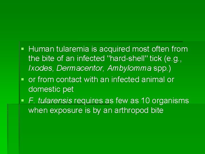 § Human tularemia is acquired most often from the bite of an infected "hard-shell"