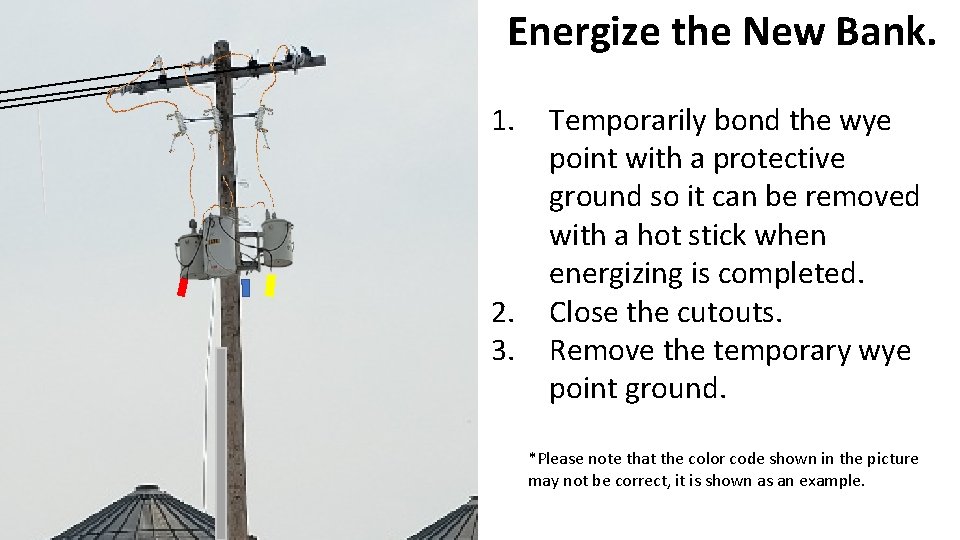 Energize the New Bank. 1. 2. 3. Temporarily bond the wye point with a