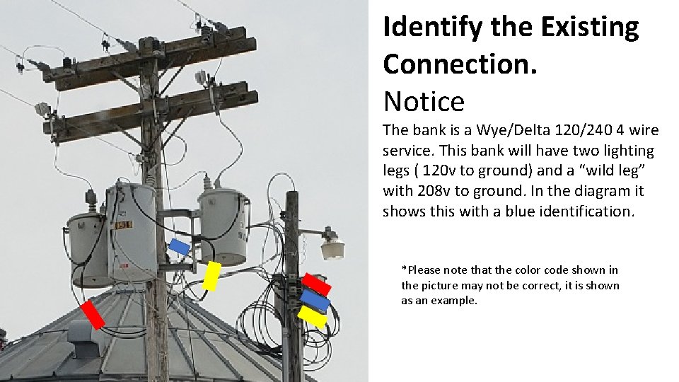 Identify the Existing Connection. Notice The bank is a Wye/Delta 120/240 4 wire service.