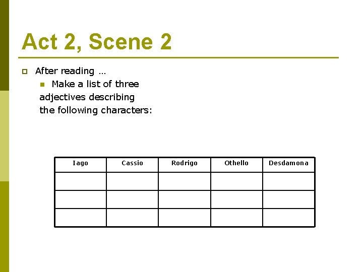 Act 2, Scene 2 p After reading … n Make a list of three