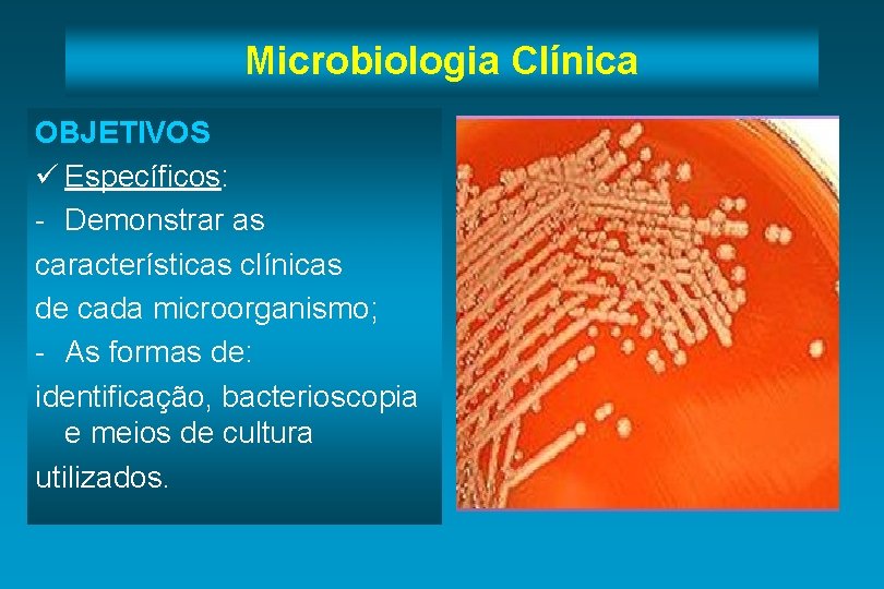 Microbiologia Clínica OBJETIVOS ü Específicos: - Demonstrar as características clínicas de cada microorganismo; -