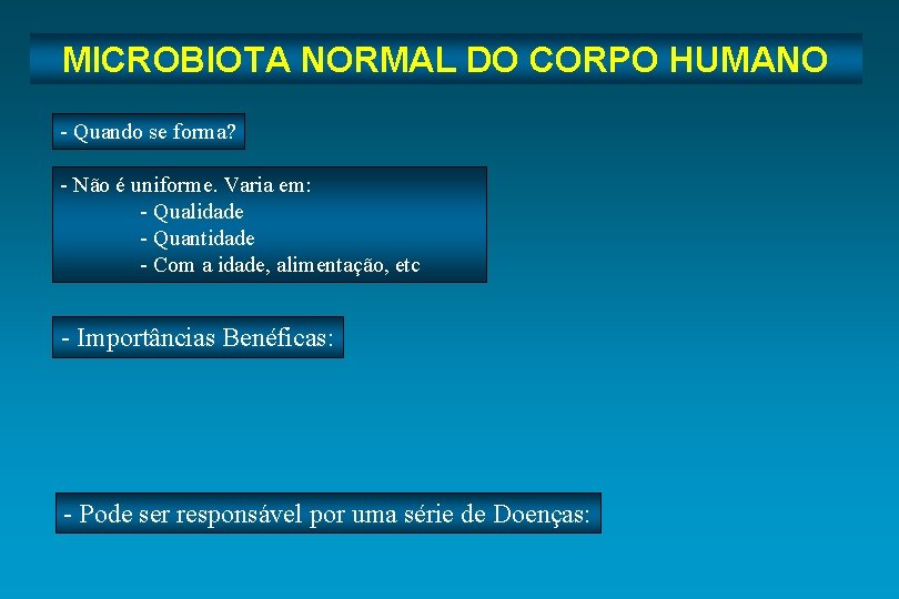 MICROBIOTA NORMAL DO CORPO HUMANO - Quando se forma? - Não é uniforme. Varia