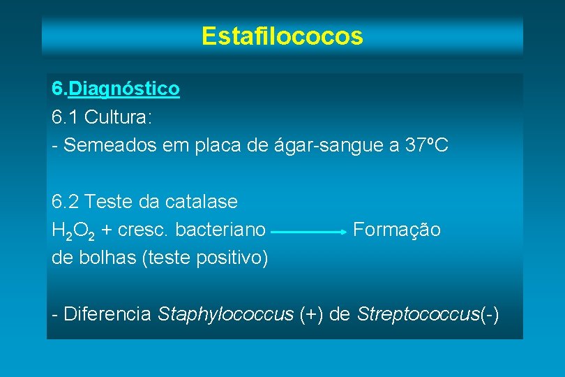 Estafilococos 6. Diagnóstico 6. 1 Cultura: - Semeados em placa de ágar-sangue a 37ºC