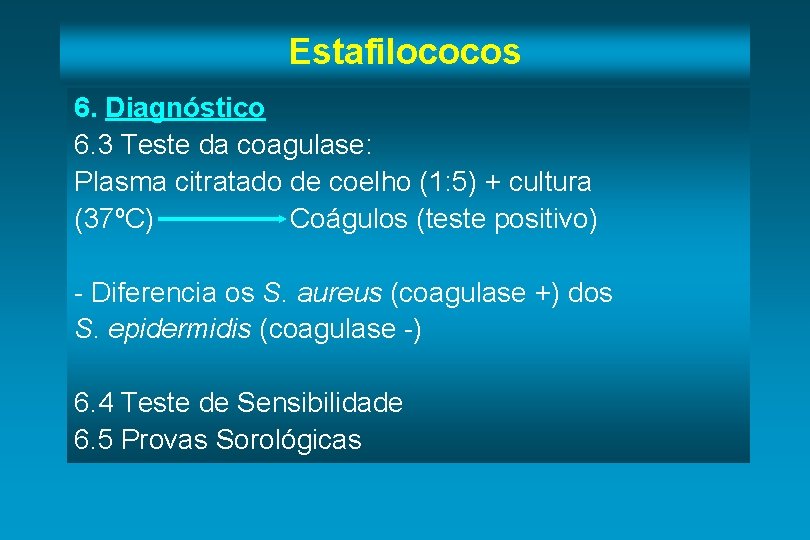 Estafilococos 6. Diagnóstico 6. 3 Teste da coagulase: Plasma citratado de coelho (1: 5)