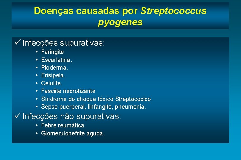 Doenças causadas por Streptococcus pyogenes ü Infecções supurativas: • • Faringite Escarlatina. Pioderma. Erisipela.
