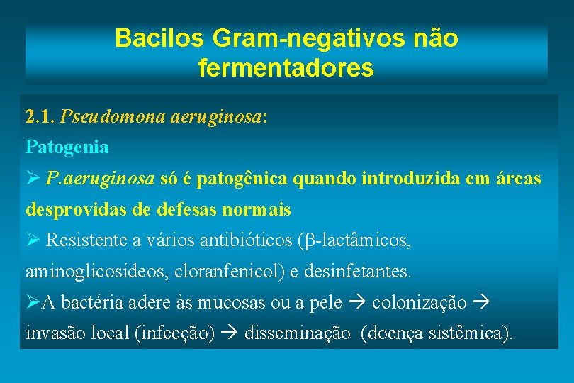 Bacilos Gram-negativos não fermentadores 2. 1. Pseudomona aeruginosa: Patogenia Ø P. aeruginosa só é