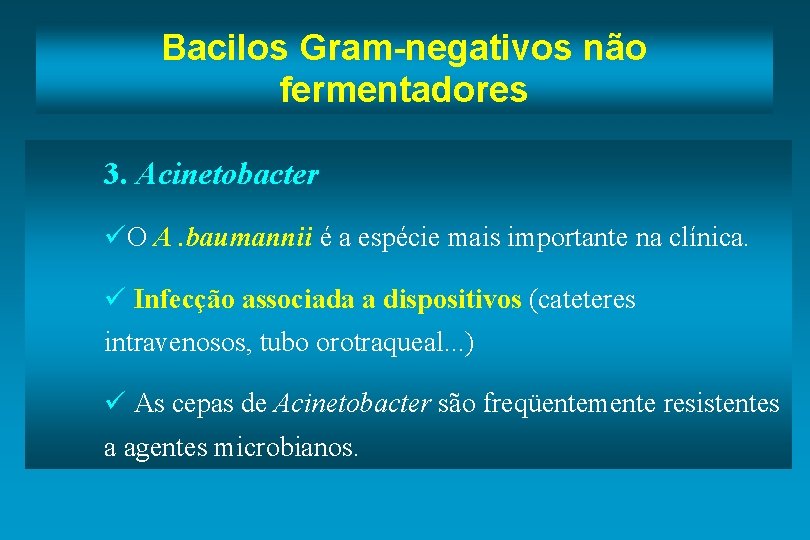 Bacilos Gram-negativos não fermentadores 3. Acinetobacter üO A. baumannii é a espécie mais importante