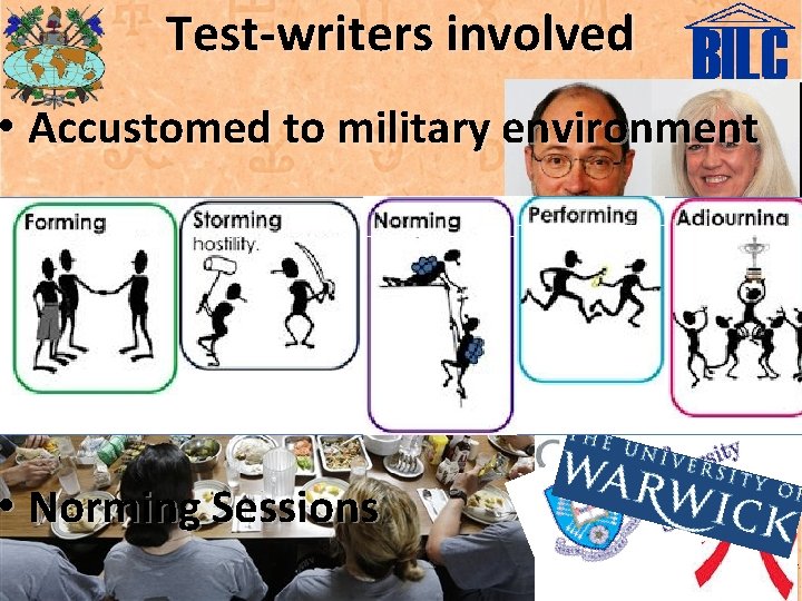 Test-writers involved • Accustomed to military environment • Language Testing Seminar • Qualified •