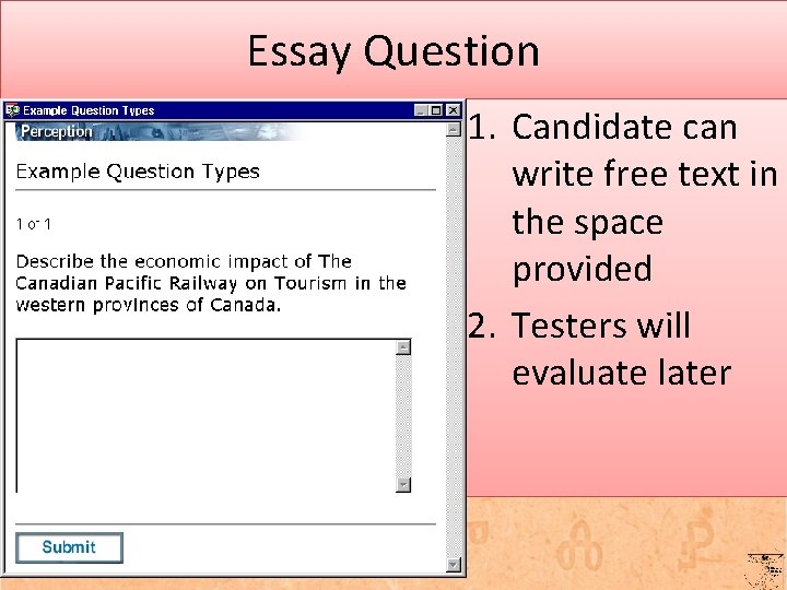 Essay Question 1. Candidate can write free text in the space provided 2. Testers