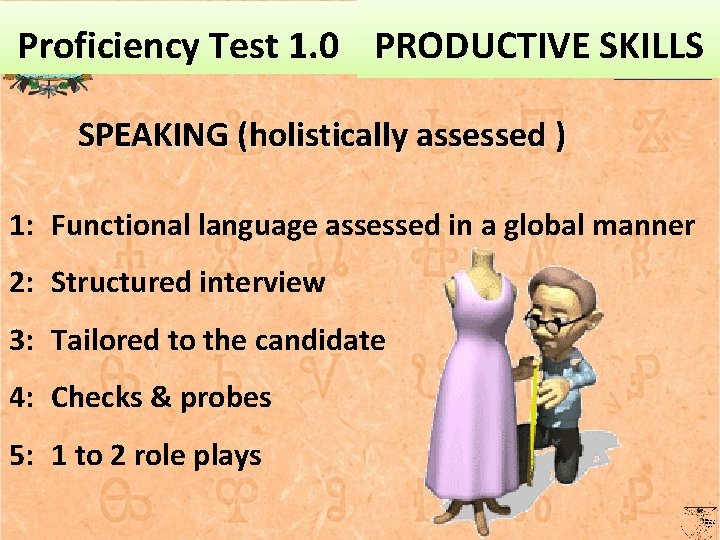 Proficiency Test 1. 0 PRODUCTIVE SKILLS SPEAKING (holistically assessed ) 1: Functional language assessed