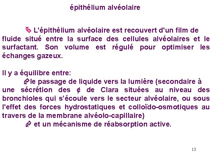 épithélium alvéolaire L'épithélium alvéolaire est recouvert d'un film de fluide situé entre la surface