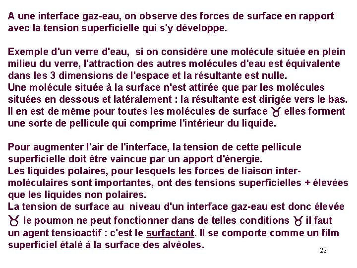 A une interface gaz-eau, on observe des forces de surface en rapport avec la