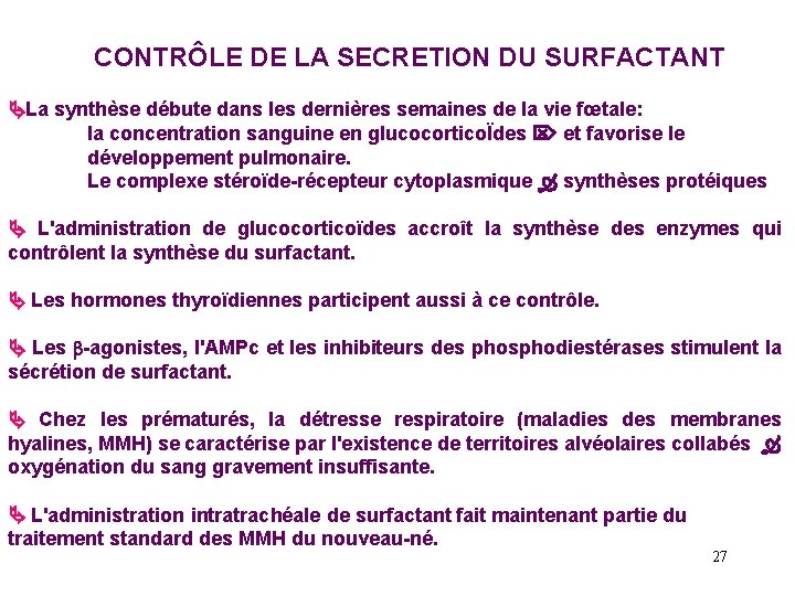 CONTRÔLE DE LA SECRETION DU SURFACTANT La synthèse débute dans les dernières semaines de