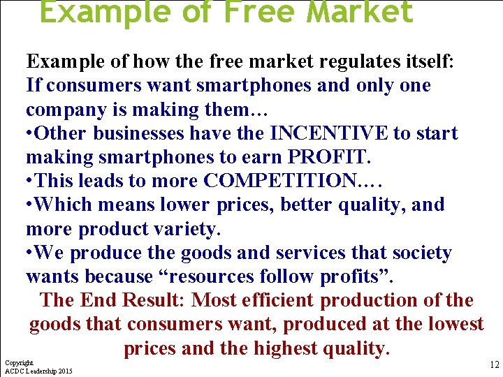 Example of Free Market Example of how the free market regulates itself: If consumers