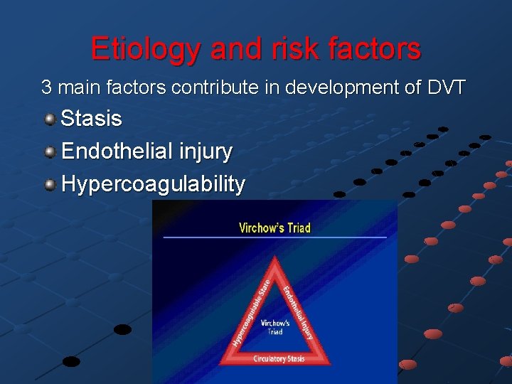 Etiology and risk factors 3 main factors contribute in development of DVT Stasis Endothelial