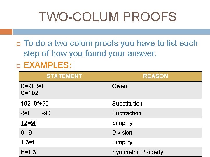 TWO-COLUM PROOFS To do a two colum proofs you have to list each step
