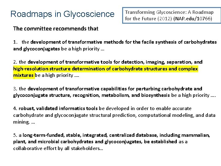 Roadmaps in Glycoscience Transforming Glycoscience: A Roadmap for the Future (2012) (NAP. edu/10766) The