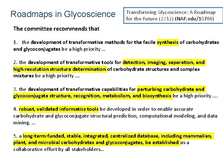 Roadmaps in Glycoscience Transforming Glycoscience: A Roadmap for the Future (2012) (NAP. edu/10766) The