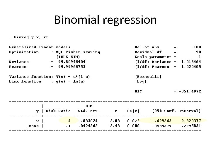 Binomial regression. binreg y x, rr Generalized linear models Optimization : MQL Fisher scoring