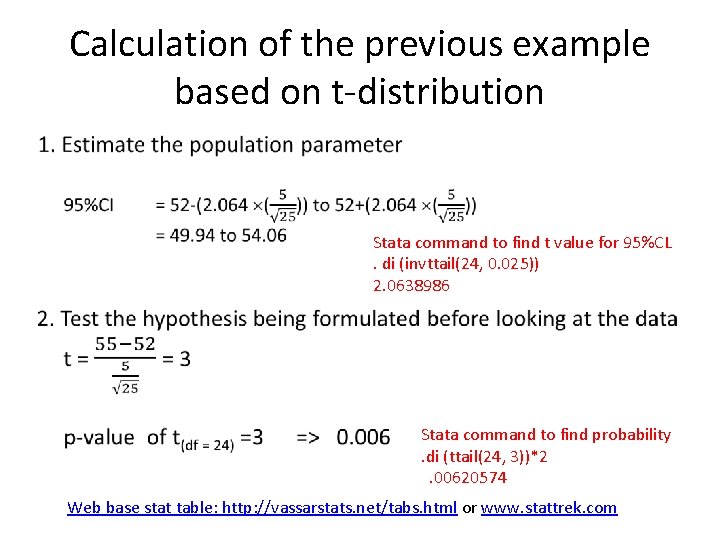 Calculation of the previous example based on t-distribution Stata command to find t value