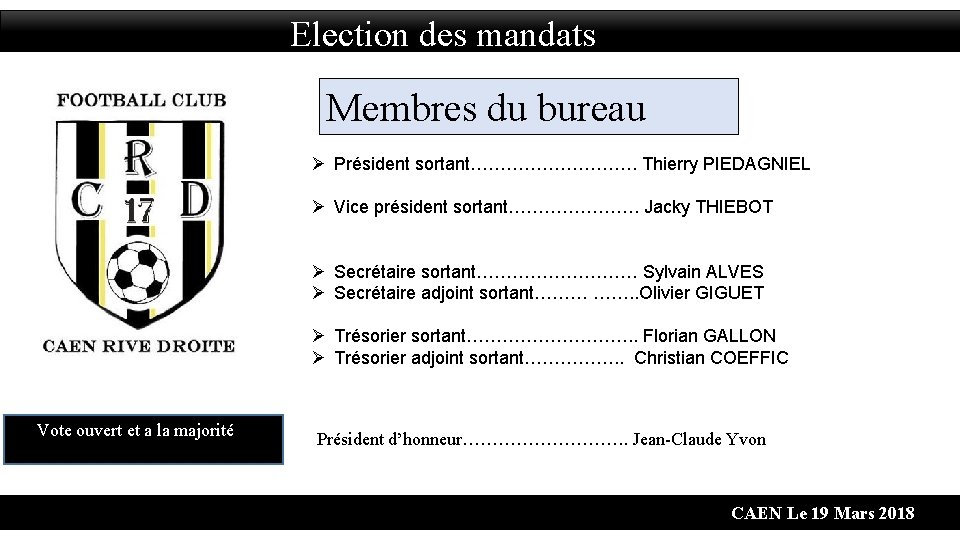 Election des mandats Membres du bureau Ø Président sortant……………. Thierry PIEDAGNIEL Ø Vice président