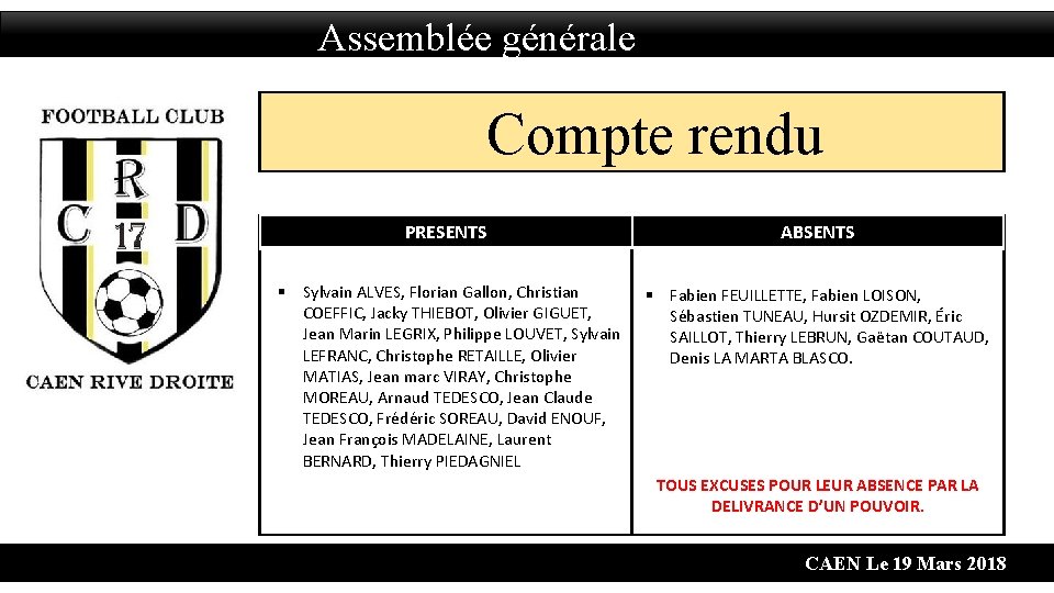 Assemblée générale Compte rendu PRESENTS ABSENTS § Sylvain ALVES, Florian Gallon, Christian COEFFIC, Jacky