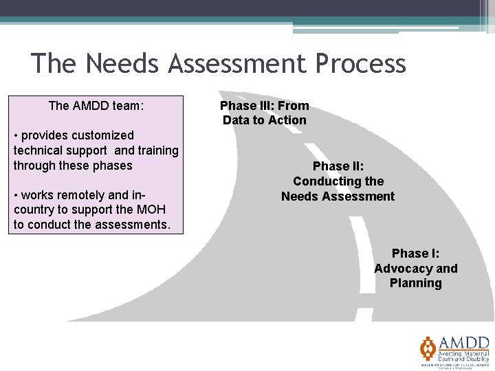 The Needs Assessment Process The AMDD team: Phase III: From Data to Action •