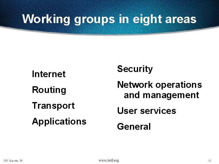 Working groups in eight areas Internet Routing Transport Applications ITU Telecom ‘ 99 Security