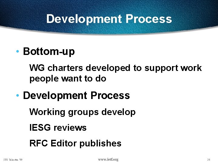 Development Process • Bottom-up WG charters developed to support work people want to do