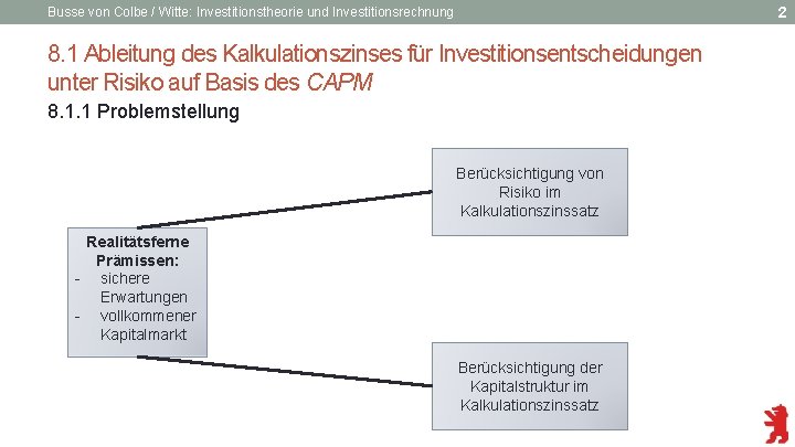 2 Busse von Colbe / Witte: Investitionstheorie und Investitionsrechnung 8. 1 Ableitung des Kalkulationszinses