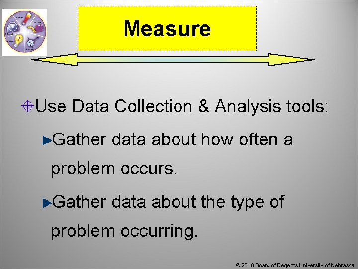 Measure Use Data Collection & Analysis tools: Gather data about how often a problem