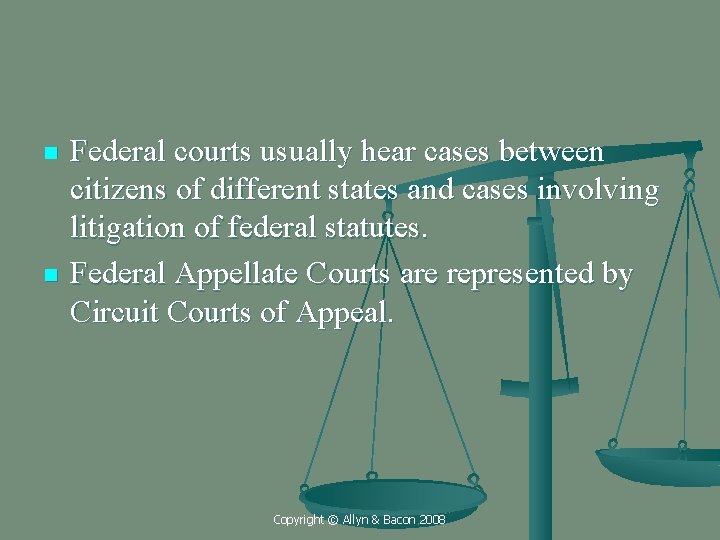 n n Federal courts usually hear cases between citizens of different states and cases
