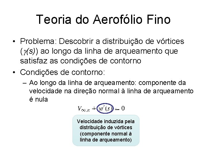 Teoria do Aerofólio Fino • Problema: Descobrir a distribuição de vórtices (g(s)) ao longo