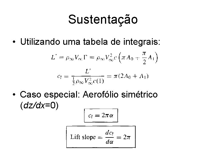 Sustentação • Utilizando uma tabela de integrais: • Caso especial: Aerofólio simétrico (dz/dx=0) 