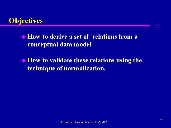 Objectives u How to derive a set of relations from a conceptual data model.
