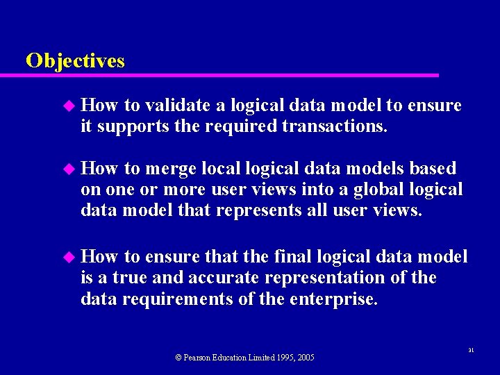 Objectives u How to validate a logical data model to ensure it supports the