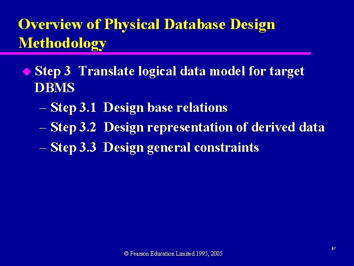 Overview of Physical Database Design Methodology u Step 3 Translate logical data model for