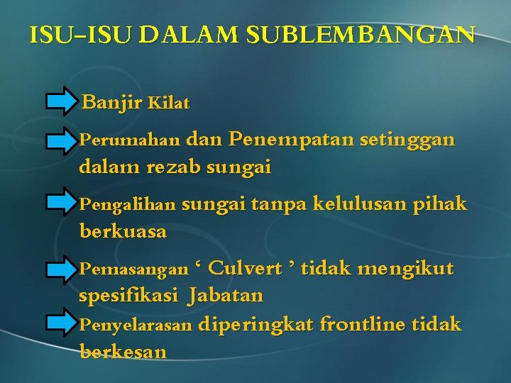 ISU-ISU DALAM SUBLEMBANGAN Banjir Kilat Perumahan dan Penempatan setinggan dalam rezab sungai Pengalihan sungai